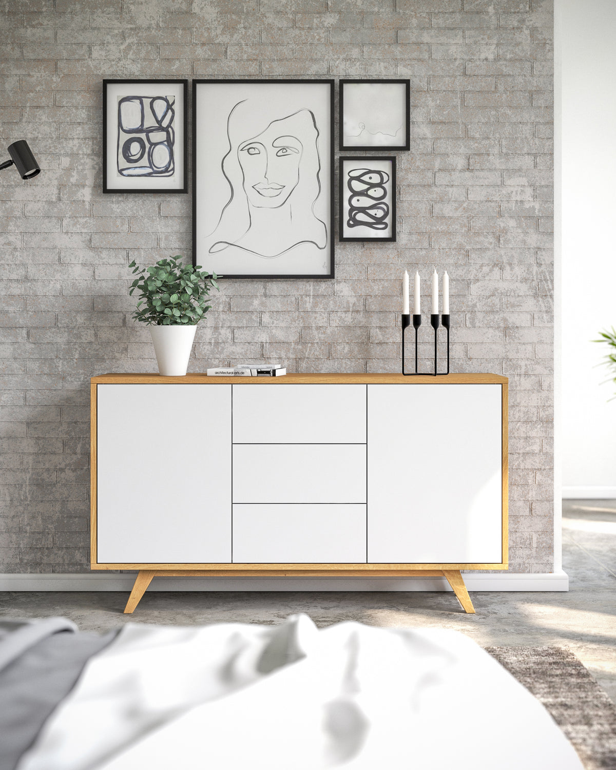 Sideboard S in Eiche weiß Schubladen