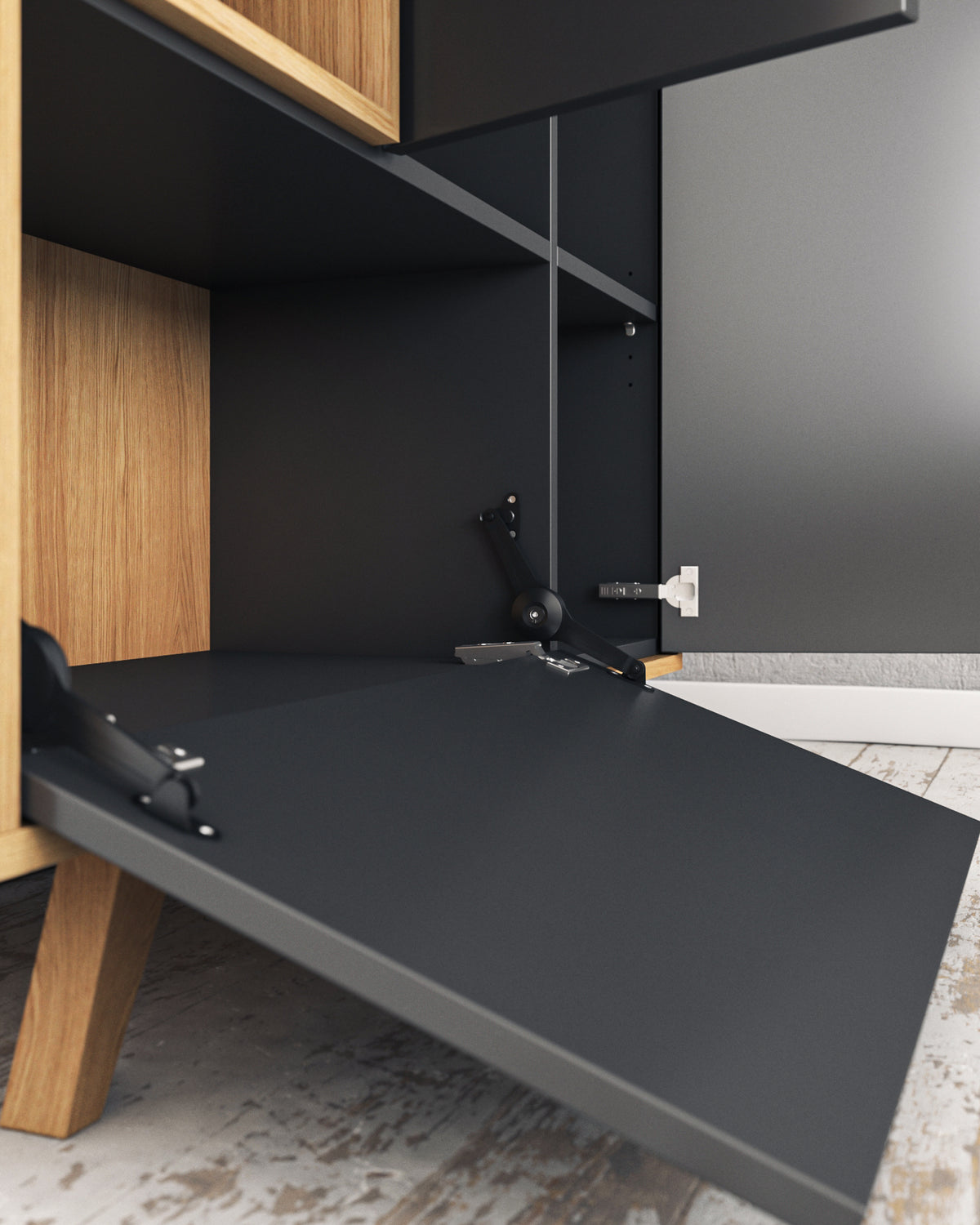 Highboard in Eiche schwarz:Passende Scharniere:Wir setzen ausschließlich hochwertige Scharniere in Ihr Highboard ein. Die horizontalen Klappen werden zusätzlich gestützt.